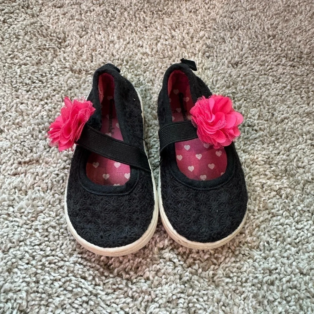 Toddler Girl mary jane shoes Black Dress Shoes with Pink Floral Detail size 5